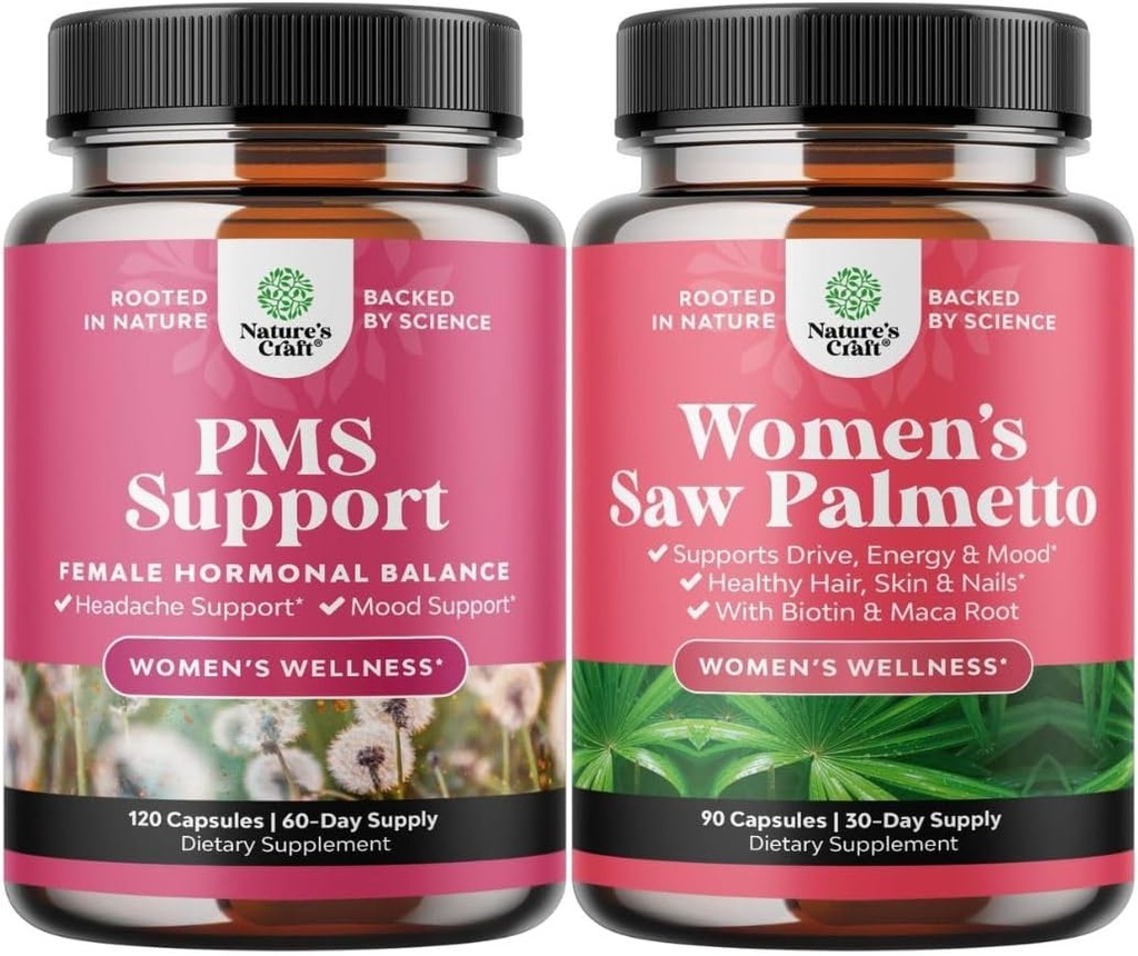 Bundle of Advanced PMS Support Supplement for Low Energy Mood Support Period Cramps and Bloating Relief for Women and Extra Strength Saw Palmetto for Women - DHT Blocker Thickening Hair Vitamin 2