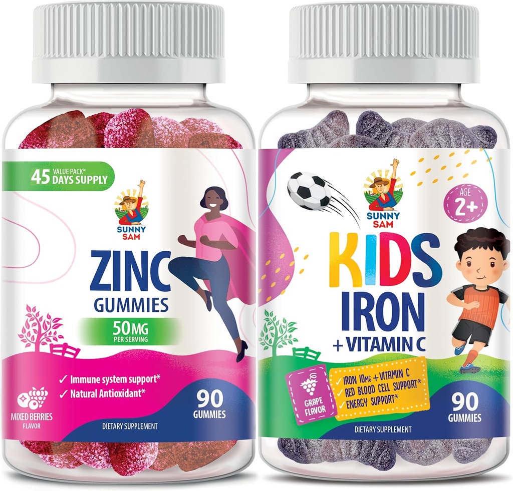 SUNNY SAM Iron Gummies for Kids & Zinc Gummies for Adults - Zinc Chewable Gummy for Immune Support - Powerful Natural Antioxidant Non-GMO Supplement for Children Men Woman Adults 2