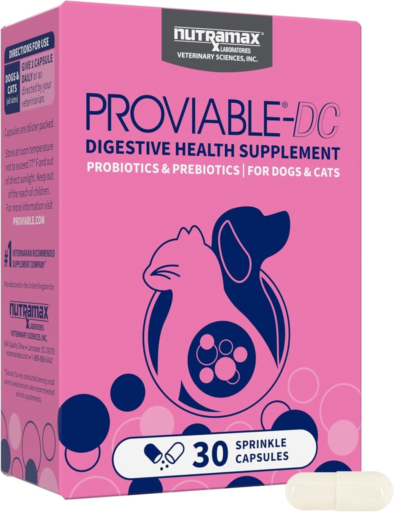 Nutramax Proviable Probiotics for Dogs and Cats, Daily Digestive Health Supplement with Multiple Strains of Bacteria, Cat and Dog Probiotics Plus Prebiotics, 30 Capsules 2