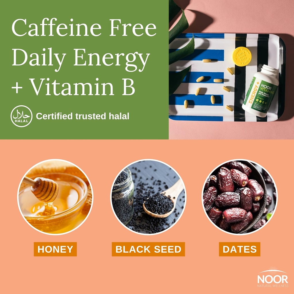 Noor Vitamins Energy+ Multivitamin; Halal Vitamin for Energy Production & Immunity, 26 Vitamins & Minerals, Black Seed, Dates, Honey, for Men & Women. Gelatin Free, 2 Month Supply 4
