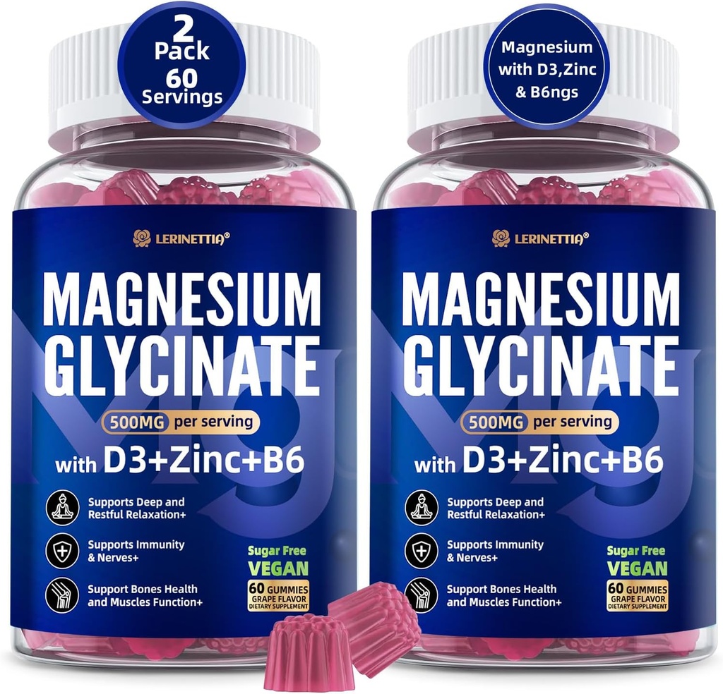 Magnesium Glycinate 500mg/250mg for Adults Teens - Plus D3,B6 & Zinc - Magnesium Glycinate Gummies,High Absorption - Support for Relaxation,Brain,Bone & Immunity Health - Sugar Free - 120Cts 2