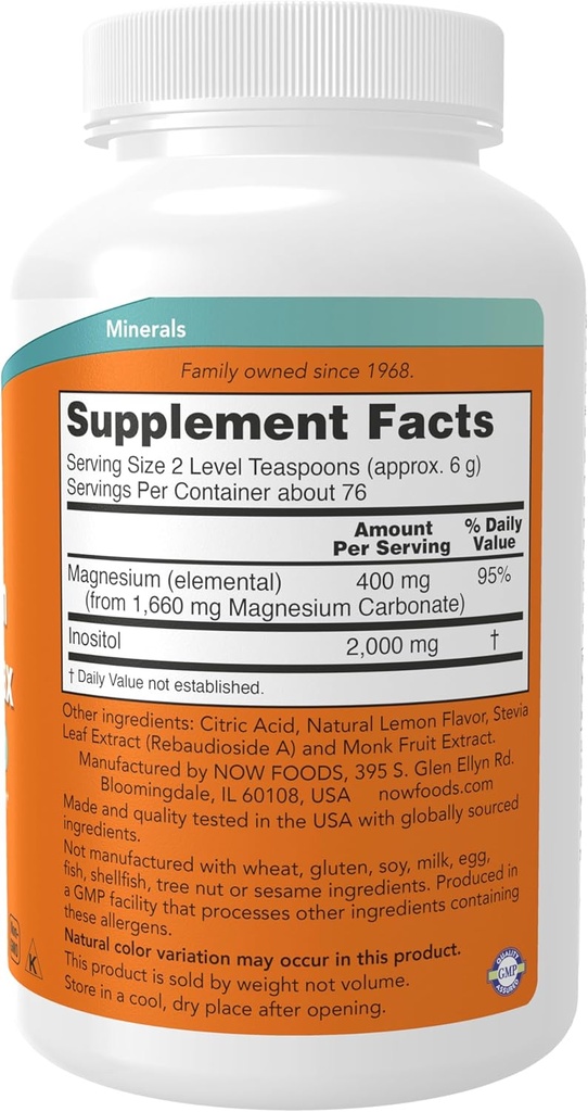 NOW Foods Supplements,powder Magnesium Inositol Relax, Nervous System Support*, Fizzy Lemonade Flavor, 16-Ounce 3