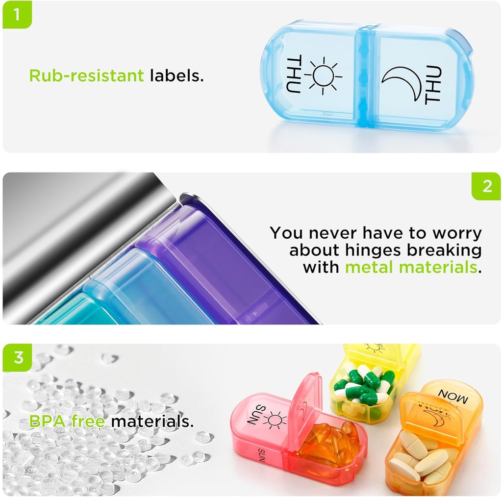 Zannaki Metal XL Weekly Pill Organizer 2 Times a Day, Large Travel Daily Pill Box 7 Day, Portable Week Twice Pill Holder Container, AM PM Pill Case for Medicine Vitamin Medication Supplement, Pink 6