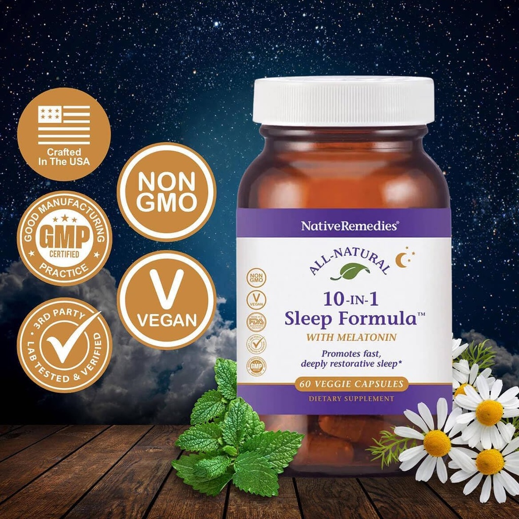 Native Remedies 10-in-1 Natural Sleep Aid for Adults & Kids 4+ – Herbal Sleep Supplement with Melatonin 5mg, Magnesium, Valerian Root, Chamomile & L-Tryptophan – Non-Habit Forming, Vegan, 60 Capsules 3