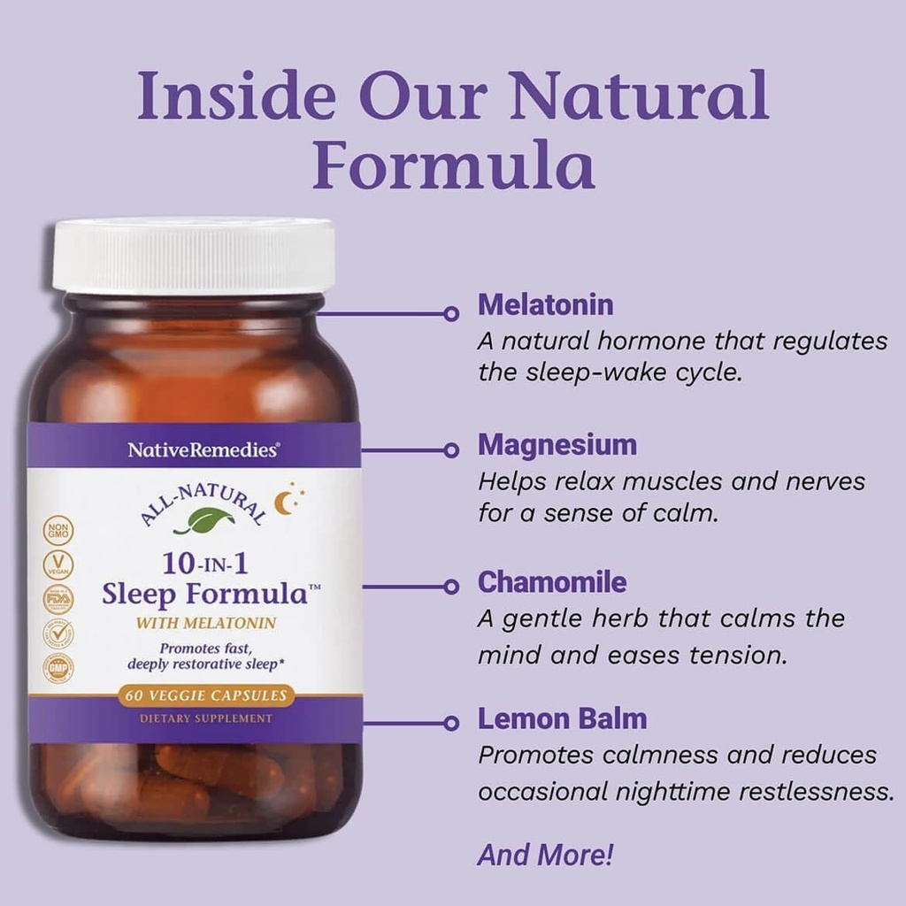 Native Remedies 10-in-1 Natural Sleep Aid for Adults & Kids 4+ – Herbal Sleep Supplement with Melatonin 5mg, Magnesium, Valerian Root, Chamomile & L-Tryptophan – Non-Habit Forming, Vegan, 60 Capsules 6