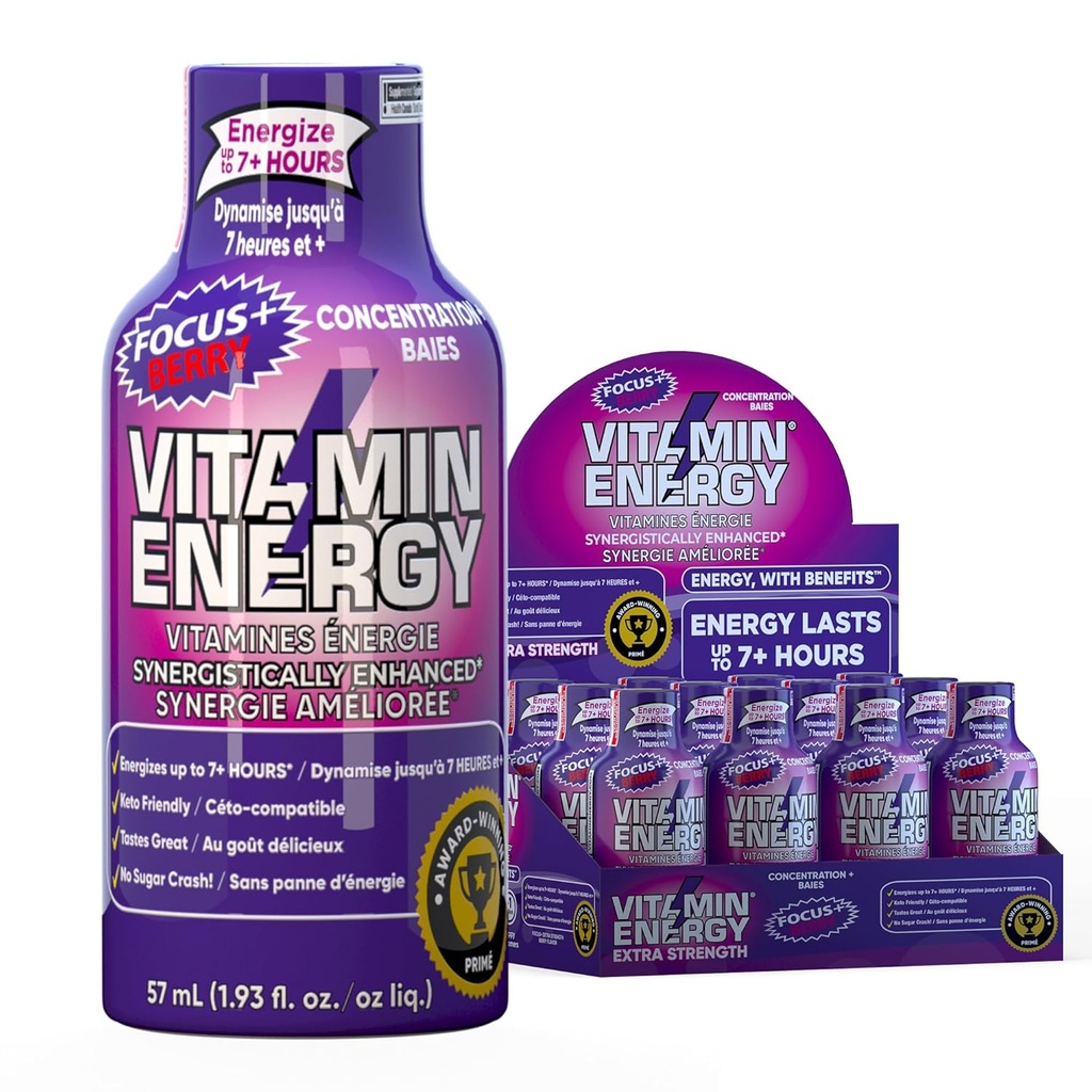 Vitamin Energy Focus+ Extra Strength Energy Shot Berry 12 Pack, 260mg Natural Caffeine, B-Vitamins, CoQ10, Amino Acids, Focus, Productivity & Clarity, Zero Sugar, Gluten-Free, 1.93 fl oz 2