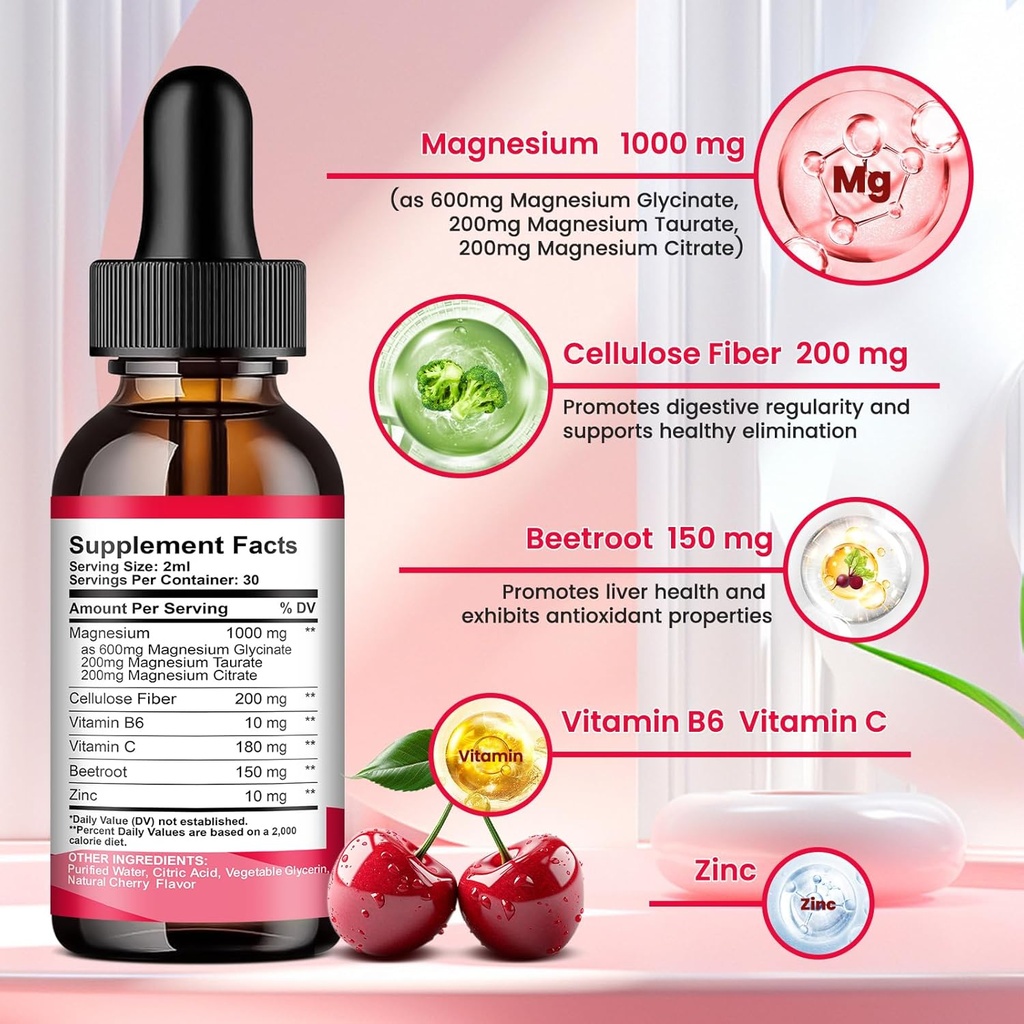 2 Pack Magnesium Glycinate Liquid Drops, 1000mg of Magnesium Glycinate, Taurate & Citrate Liquid Drops for Bone, Sleep, Calm, Muscle, Energy & Relaxation, High Absorption, Sugar-Free Cherry Flavor 4