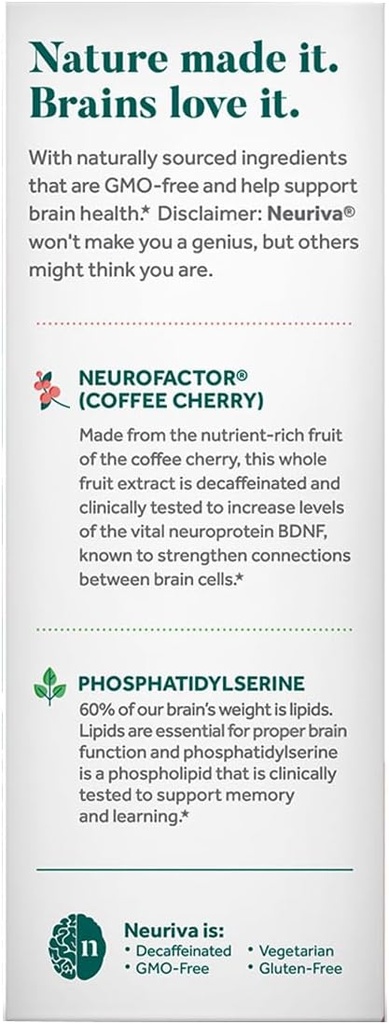 NEURIVA Original Brain Supplement for Memory, Focus & Concentration + Learning & Accuracy with Clinically Tested Nootropics Phosphatidylserine and Neurofactor, Caffeine Free, 30 Capsules (2 Pack) 6