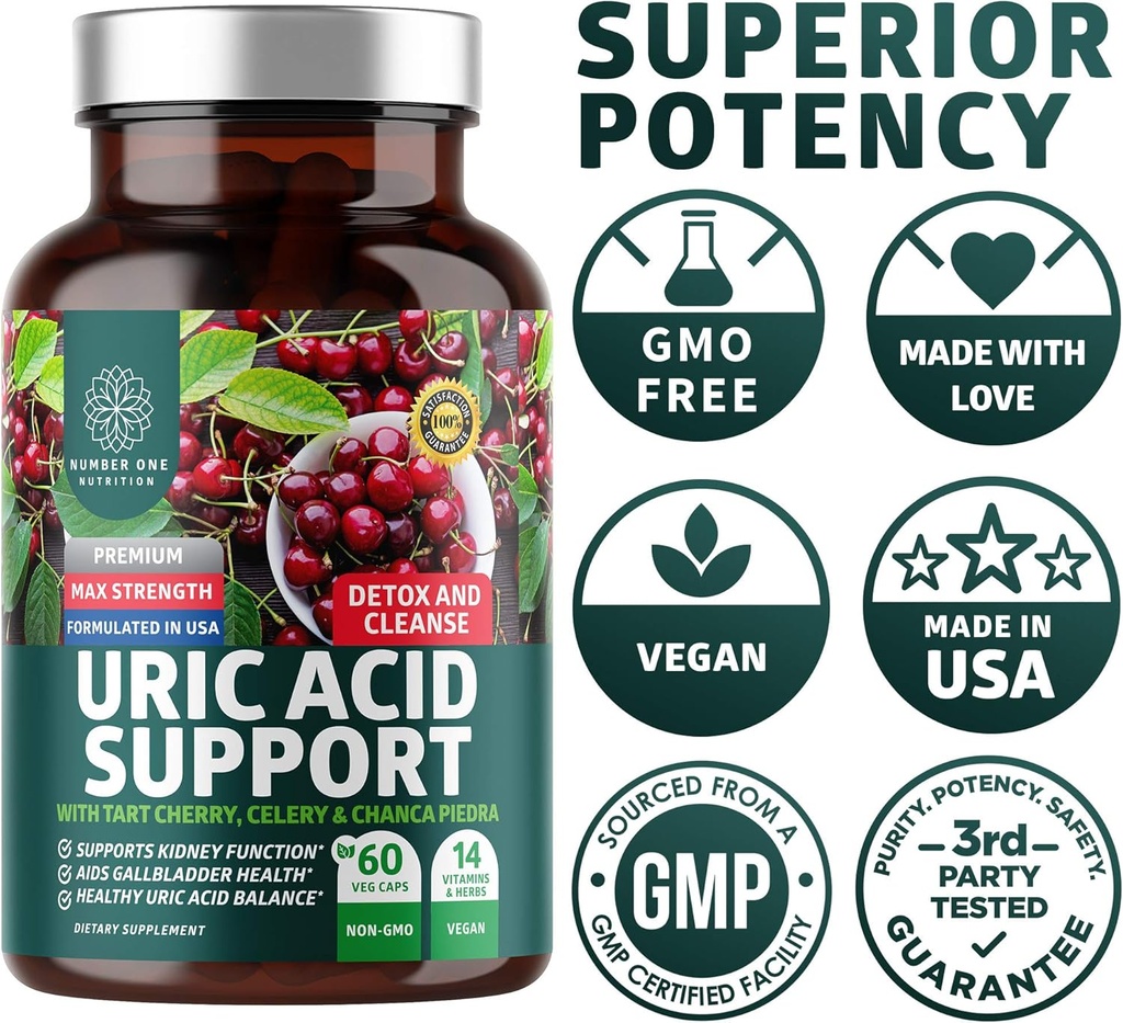 N1N Premium Uric Acid Support Supplement [14X Potent Herbs] All Natural Kidney and Uric Acid Cleanse with Tart Cherry, Milk Thistle, Cranberry, Celery, Chanca Piedra, 60 Veg Caps 5