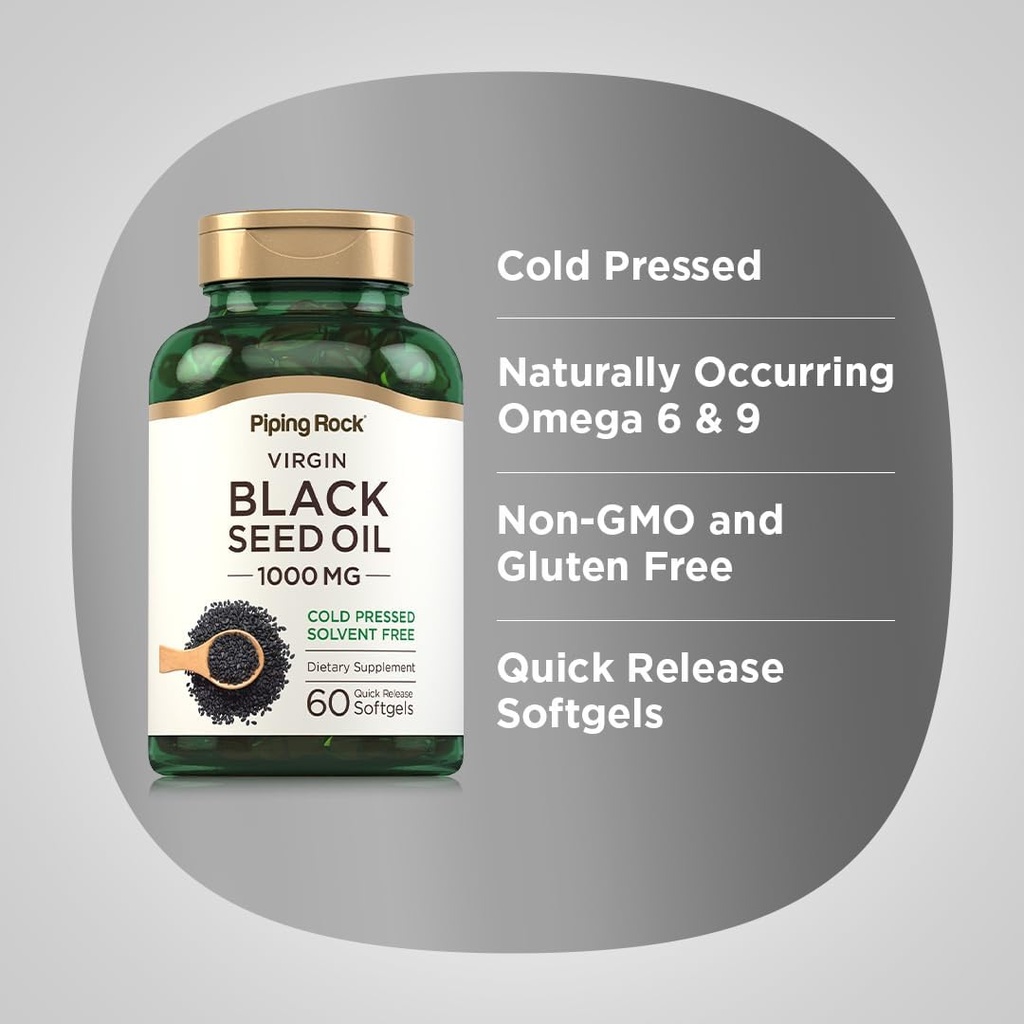 Piping Rock Black Seed Oil Softgel Capsules | 1000mg | 60 Pills | Cold Pressed Solvent Free | Non GMO, Gluten Free Supplement 5