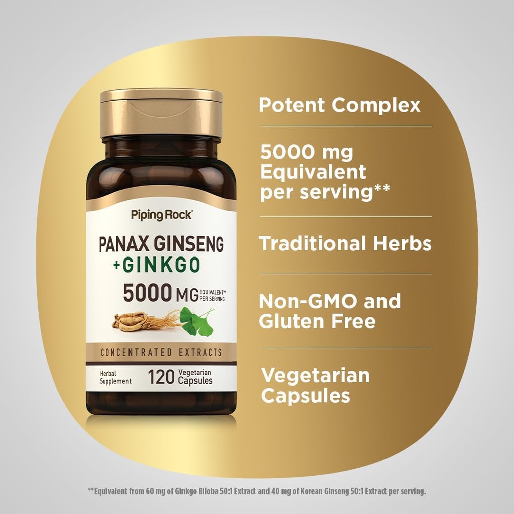 Piping Rock Panax Ginseng & Ginkgo Biloba Supplement | 5000 mg | 120 Capsules | with Black Pepper Extract | Vegetarian, Non-GMO, and Gluten Free Supplement 5