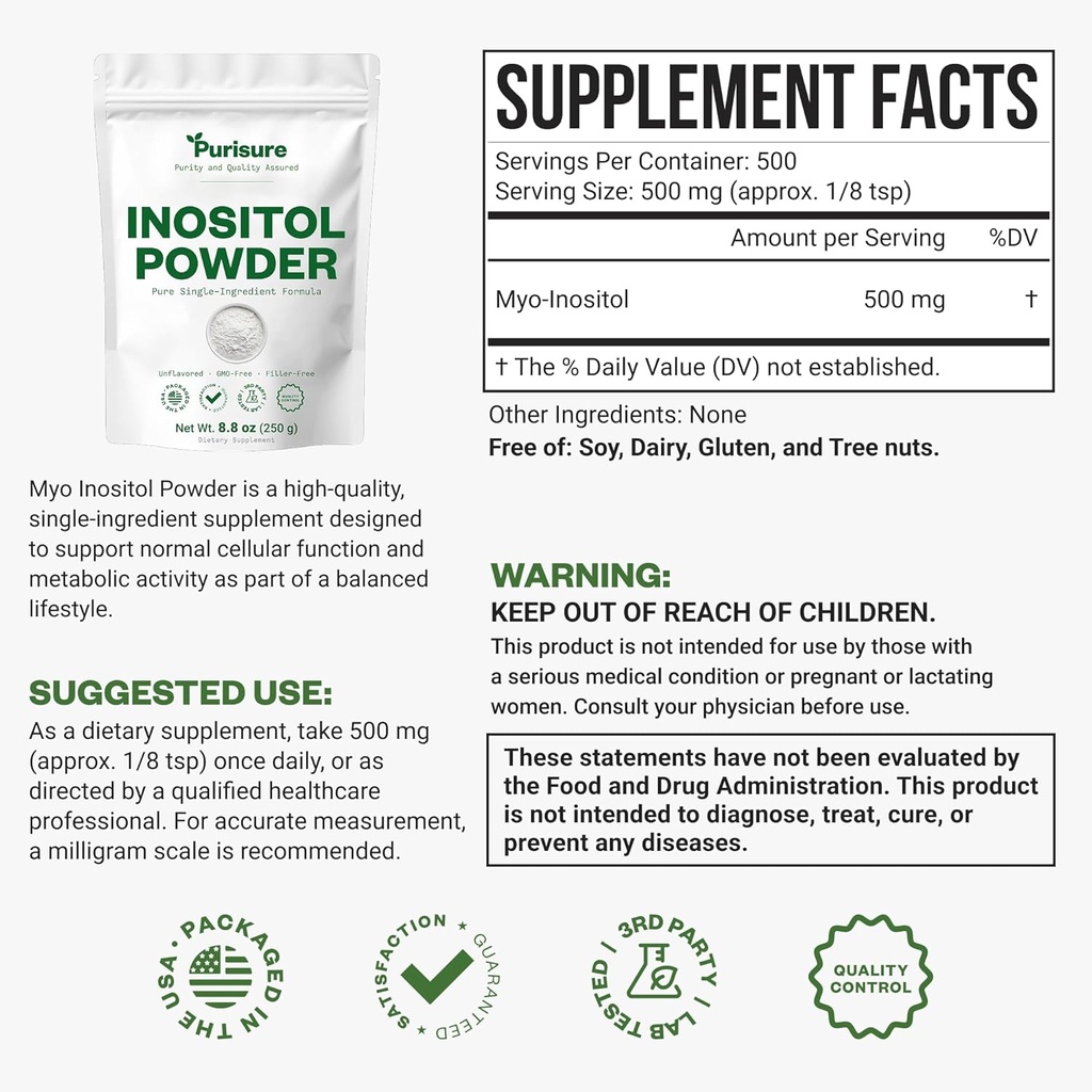 Purisure Myo-Inositol Powder, 250g, Fertility, Hormonal Balance and Ovarian Support, Pure Inositol Powder, Myo Inositol Supplement to Support Energy and Brain Wellness, Vegan, Non-GMO, 500 Servings 3