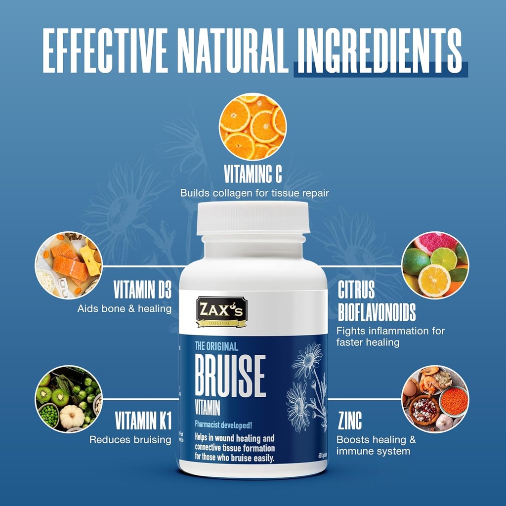 ZAX'S Bruise Vitamin Pharmacist Developed Bruising Supplements Potent Bruising Swelling Reducer, Zinc, Vitamin K, D3, Ascorbic Acid, Citrus Bioflavonoids, 60 Caps, Combine Arnica Bruise Cream 5