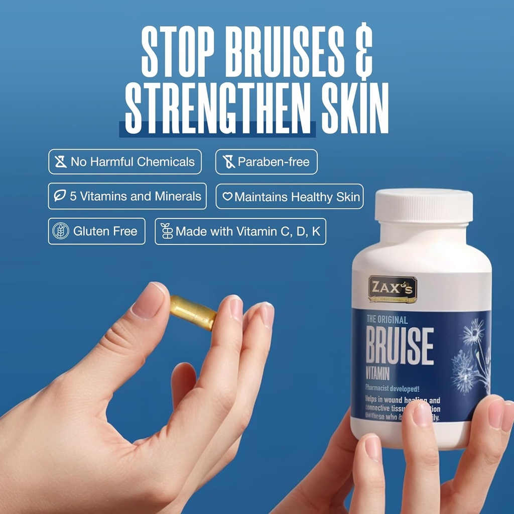 ZAX'S Bruise Vitamin Pharmacist Developed Bruising Supplements Potent Bruising Swelling Reducer, Zinc, Vitamin K, D3, Ascorbic Acid, Citrus Bioflavonoids, 60 Caps, Combine Arnica Bruise Cream 6
