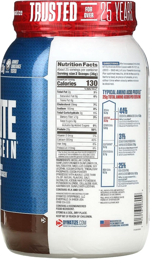 Dymatize Elite Casein Protein Powder, Slow Absorbing with Muscle Building Amino Acids, 100% Micellar Casein, 25g Protein, 5.4g BCAAs & 2.3g Leucine, Helps Overnight Recovery, Rich Chocolate, 2 Pound 3