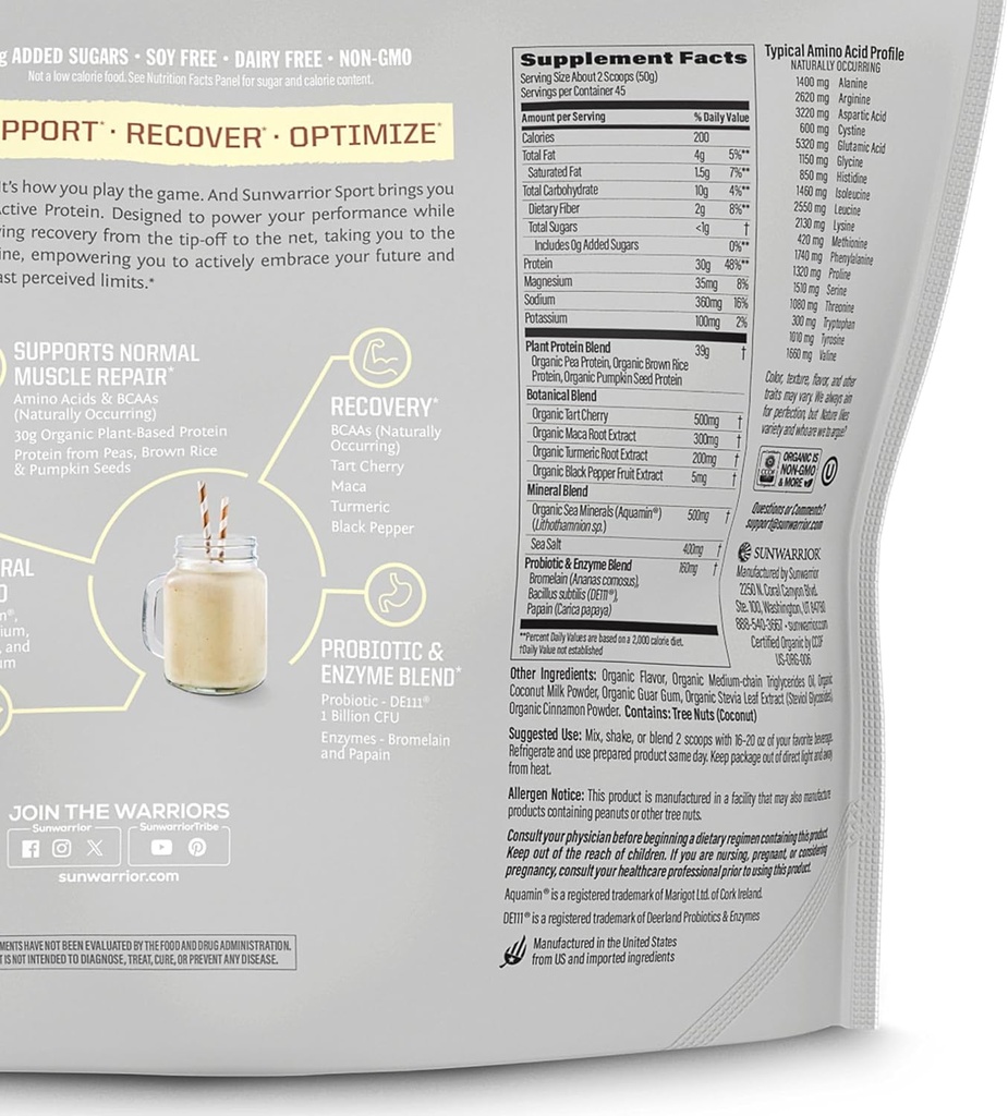 Sunwarrior Active Organic Protein Powder Plant-Based Vanilla Flavored 45 Servings & Creatine Monohydrate Powder 60 Servings 3