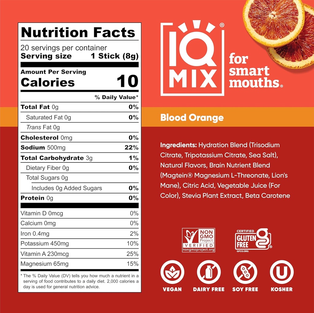 IQMIX Hydration Electrolyte Powder – 4-in-1 Formula for Hydration, Mental Clarity, Mood and Recovery – Sugar-Free Drink Mix, Keto, Magnesium L-Threonate, Lion’s Mane – 20 Count Blood Orange 4