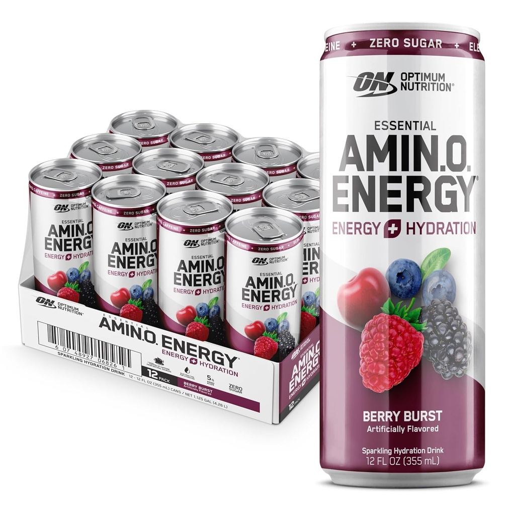 Optimum Nutrition Amino Energy Sparkling Hydration Drink, Electrolytes, Caffeine, Amino Acids, BCAAs, Sugar Free, Berry Burst, 12 Fl Oz, 12 Pack 2