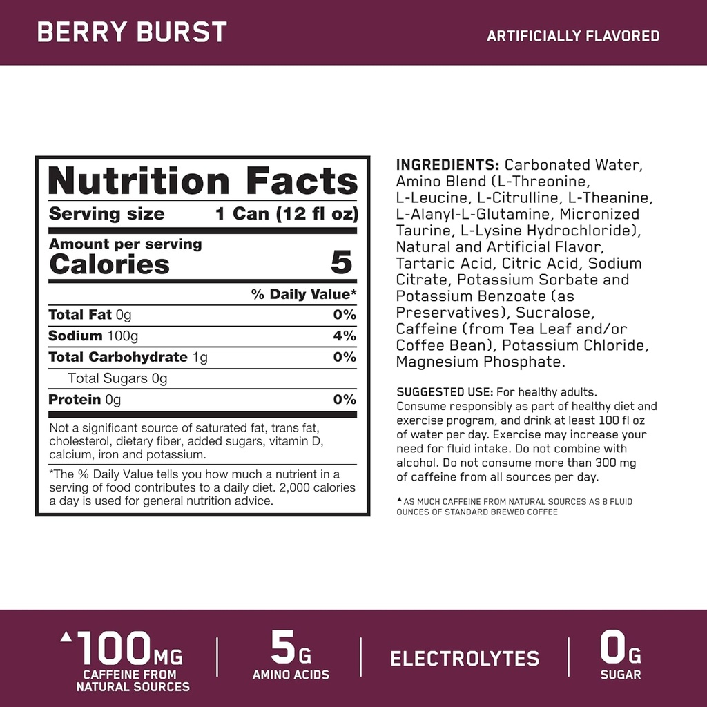 Optimum Nutrition Amino Energy Sparkling Hydration Drink, Electrolytes, Caffeine, Amino Acids, BCAAs, Sugar Free, Berry Burst, 12 Fl Oz, 12 Pack 3