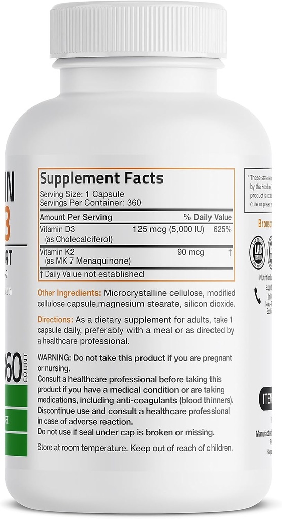 Bronson Vitamin K2 (MK7) with D3 Supplement Non-GMO Formula 5000 IU Vitamin D3 & 90 mcg K2 MK-7 Easy to Swallow D & K Complex, 360 Capsules 3