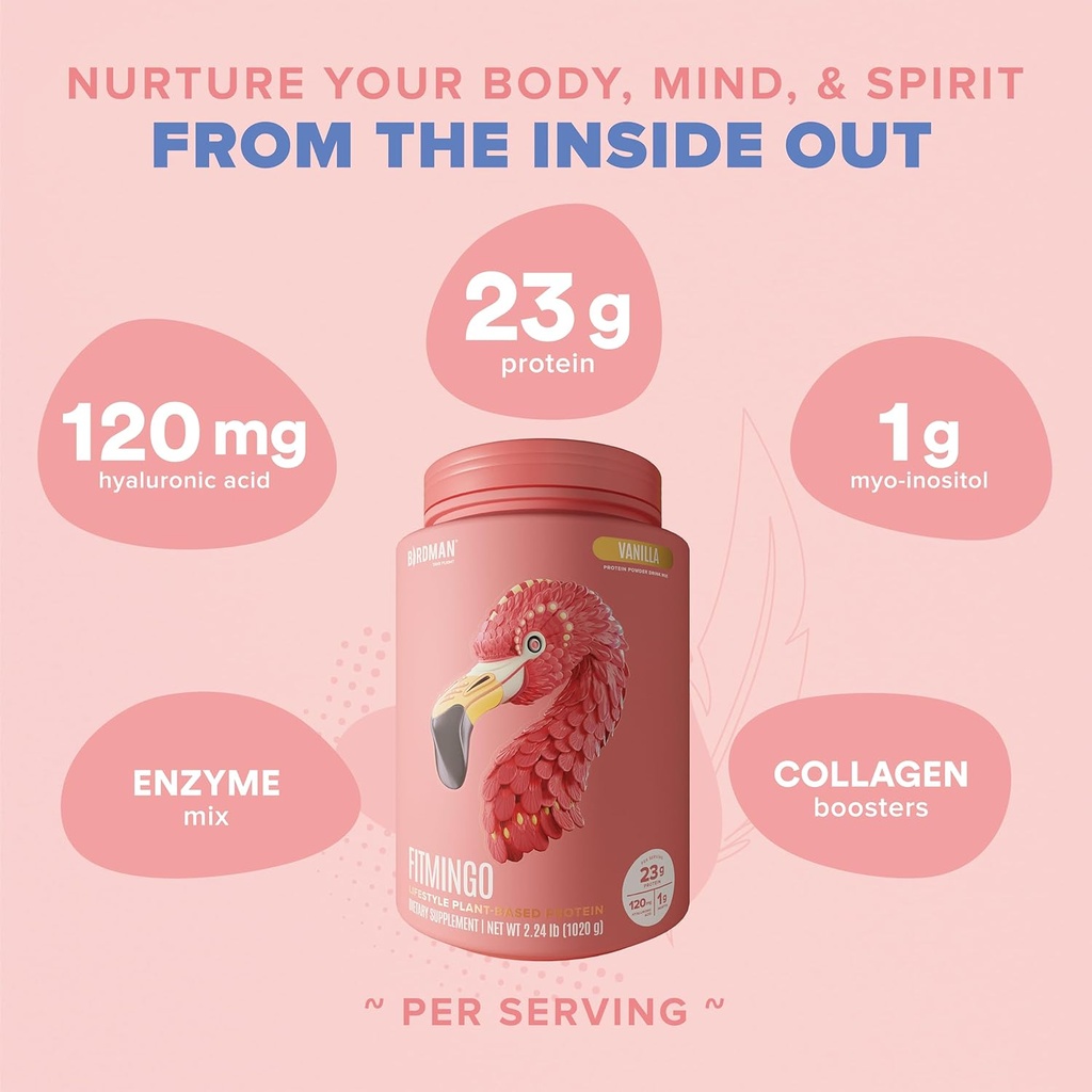 BIRDMAN Fitmingo Vegan Protein Powder with Inositol, Collagen Boosters, Hyaluronic Acid and Vitamins | Low Carb, Dairy Free, Lactose Free, Low Calorie | 23g Plant Based Vanilla Protein Powder 5