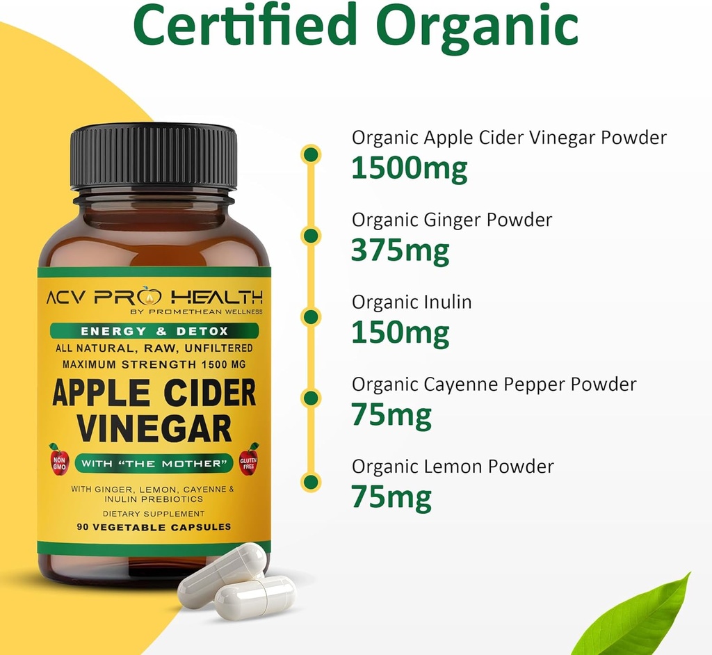 ACV Pro Apple Cider Vinegar Capsules Certified Organic with Mother ACV Pills Detox Cleanse Acid Reflux Relief Support Supplement Ginger Root Cayenne Pepper Powder 5
