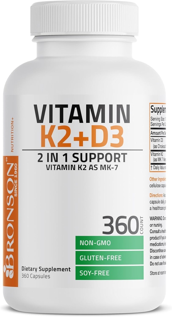 Bronson Vitamin K2 (MK7) with D3 Supplement Non-GMO Formula 5000 IU Vitamin D3 & 90 mcg K2 MK-7 Easy to Swallow D & K Complex, 360 Capsules 6