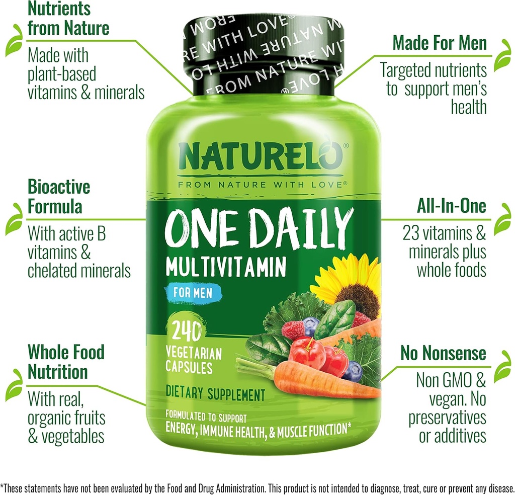 NATURELO Mens Multivitamins - One Daily Multivitamin for Men with Vitamins, Minerals & Organic Whole Foods, Boost Energy & Health, Non-GMO, 240 Vegetarian Capsules 5