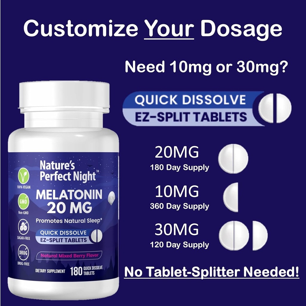 Nature's Perfect Night | Melatonin 20mg | 180 Quick Dissolve Tablets, 2-Pack | Natural Mixed Berry Flavor |High Potency | Sugar Free | Vegan | Gluten Free | 2 Count 6