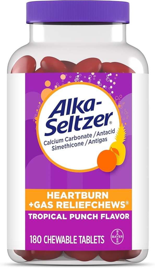 Alka-Seltzer Heartburn + Gas ReliefChews, Antacid + Antigas Chews for Fast Heartburn Relief, Gas, and Acid Indigestion Relief On the Go, 180 Ct 2