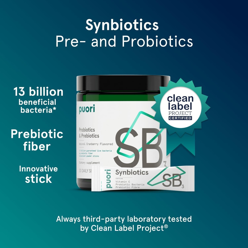 Puori Probiotics and Prebiotics Dietary Supplement - 13 Billion CFU x 30 Servings - Support Immune and Digestive Health - Fiber 4g, Vitamin C 200mg - SB3 Bifidobacterium, Lactobacillus Fermentum 3