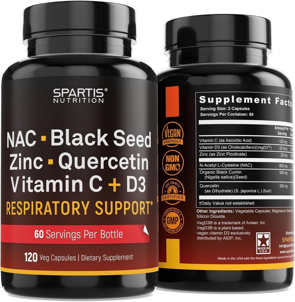 NAC 600mg Black Seed 500mg Zinc Picolinate Quercetin Vitamin C Vitamin D3 Respiratory Support (Pack of 1 Bottle at 120-Caps) 2