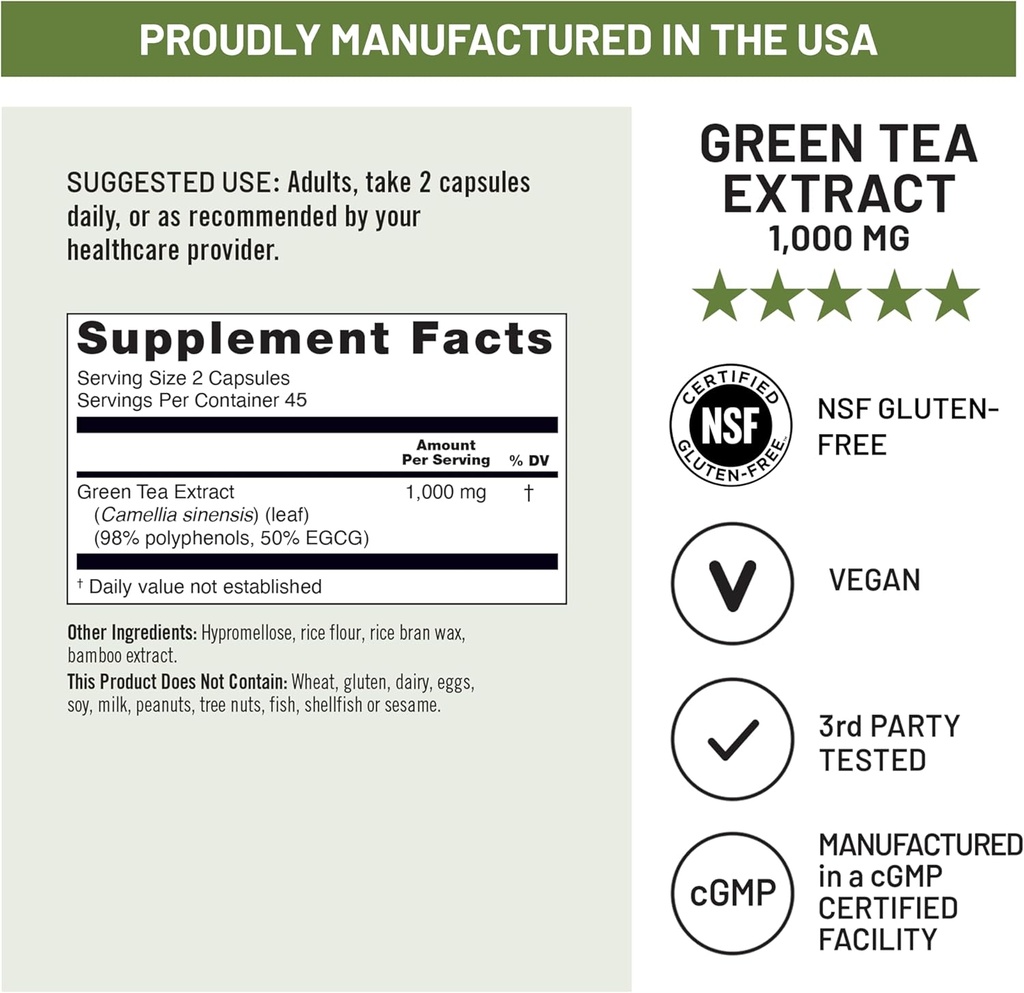 NatureWise Green Tea Extract Capsules 1000 mg - 50% EGCG & 98% Polyphenols - Extra Strength Green Tea Pills - Antioxidants for Heart Health & Energy - Vegan, Non-GMO - 90 Count[45-Day Supply] 5
