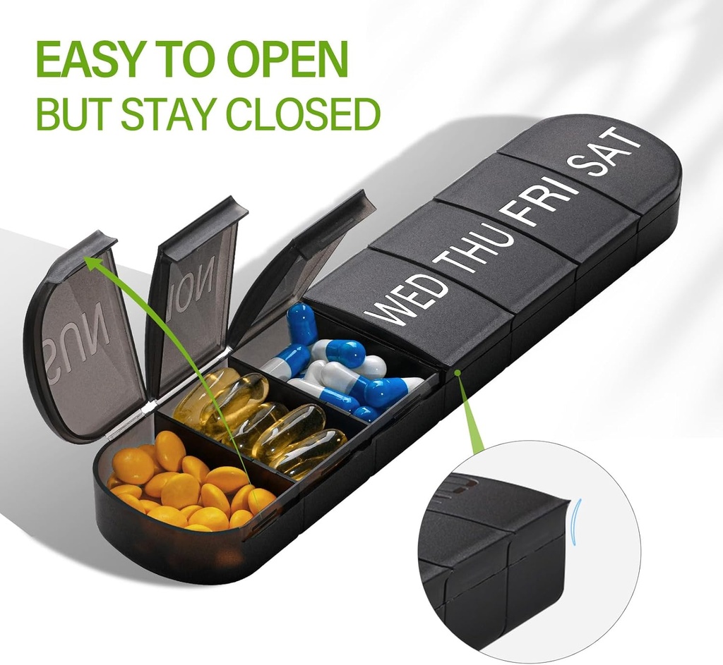 Weekly Pill Organizer 1 Time a Day, Travel Pill Box 7 Day Extra Large Compartments Vitamin Holder, Daily Pill Container 7day XL Medicine Dispenser for Fish Oil Case (Black) 6