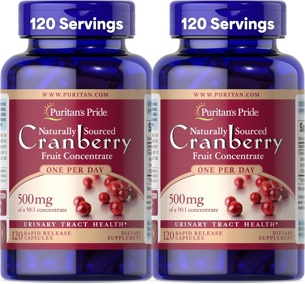 Puritan's Pride Naturally Sourced Cranberry One Per Day Fruit Concentrate 500mg, 50:1 Dietary Supplement for Urinary Tract Support, 4 Month Supply, 120 Rapid Release Capsules, 2 Pack 2