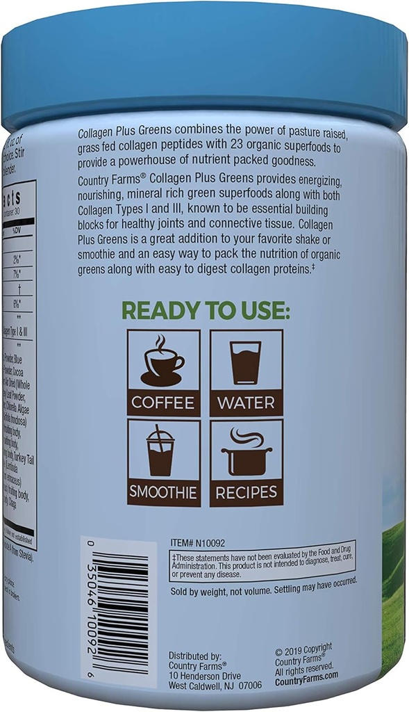 Country Farms Collagen Peptides Powder with Greens Dietary Powder Supplement (Type I, III) for Skin Hair Nail and Joints, Dairy/Gluten/Sugar Free, Energizing Superfoods, Natural, 10.6 Oz 30 Servings 6