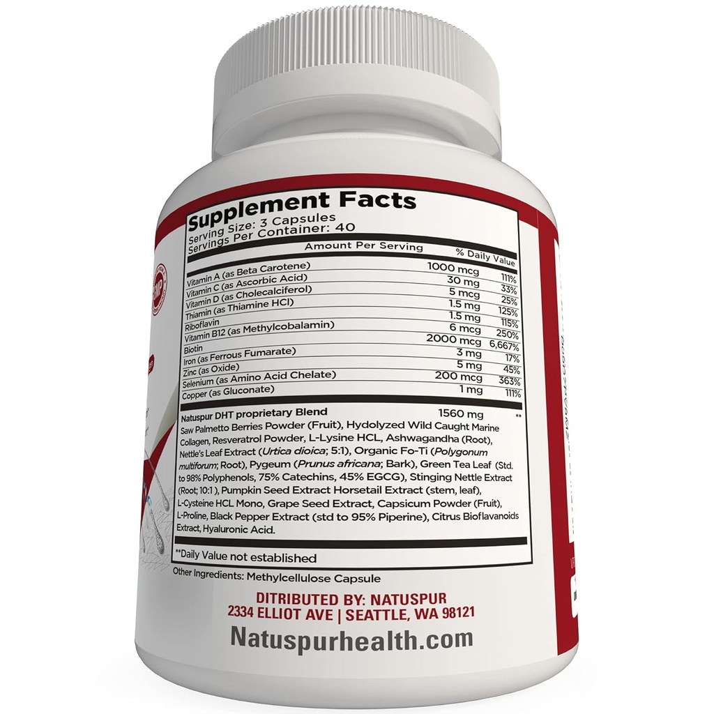 DHT Blocker Hair Growth Support Supplement, with Organic Saw Palmetto, Green Tea Extract, Biotin & Collagen for Hair Loss & Boosts Hair Regrowth for Men & Women - Gluten-Free, Vegetarian 3