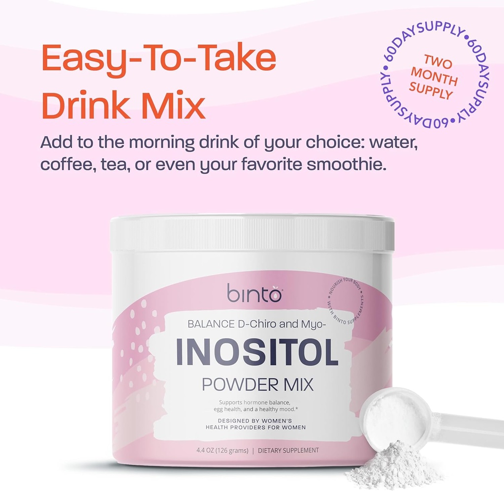 Binto Inositol Powder Mix | 60-Day Supply | 40:1 Ratio of Myo and D-Chiro Inositol | Hormone Balance and Ovulation Support | Preservative Free 5