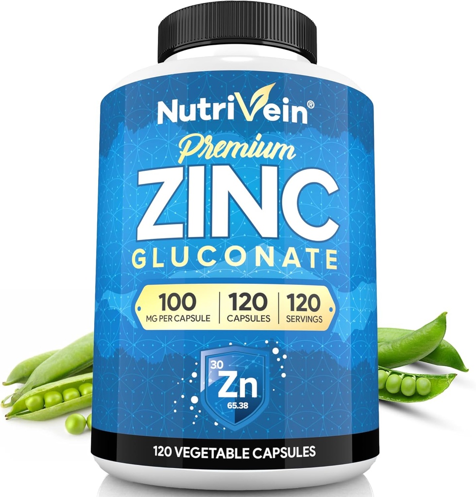 Nutrivein Premium Zinc Gluconate 100mg - 120 Capsules: High-Absorption Zinc Gluconate Supplements for Whole-Body Well-Being - Essential Elements for Wellness 2