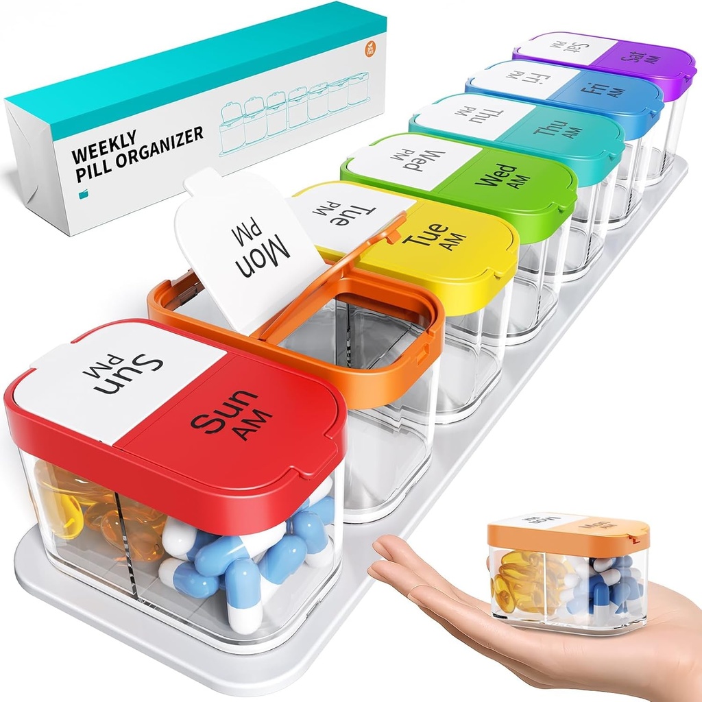 Odaro Extra Large Weekly Pill Organizer, XL Pill Box 7 Day Am Pm, Jumbo Medicine Organizer 2 Times A Day to Hold Daily Medicine Vitamin and Supplements - Rainbow 2
