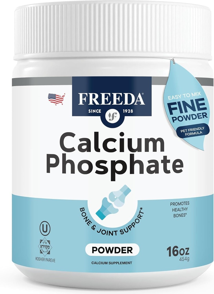 Freeda Calcium Phosphate Powder – Kosher Mineral Supplement for Bone & Joint Health in Men, Women, Dogs & Cats – Bone Strength Powder with Calcium and Phosphorus – No Vitamin D – Made in USA, 16oz 2