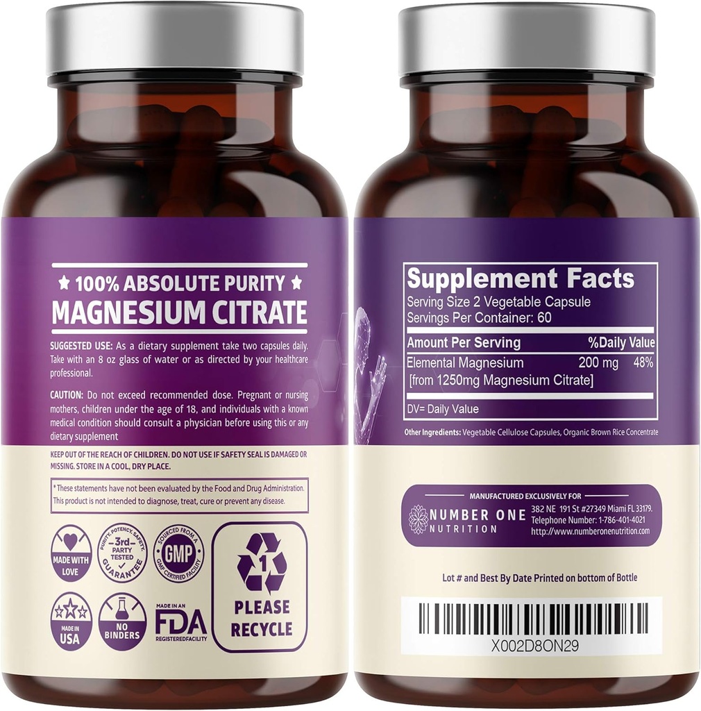 Pure Magnesium Citrate Capsules 1250mg, Easily Absorbed and Purified Trace Mineral for Muscle and Digestive Support, 120 Caps 2