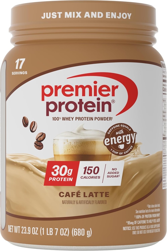 Premier Protein Powder, Café Latte, 30g Protein, 1g Sugar, 100% Whey Protein, Keto Friendly, Gluten Free, No Soy, 95mg Caffeine for Energy, 23.9 oz (17 Servings) 2