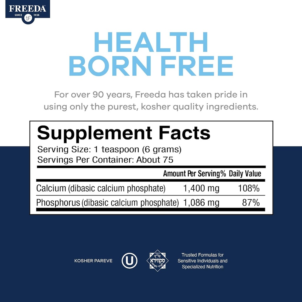 Freeda Calcium Phosphate Powder – Kosher Mineral Supplement for Bone & Joint Health in Men, Women, Dogs & Cats – Bone Strength Powder with Calcium and Phosphorus – No Vitamin D – Made in USA, 16oz 4