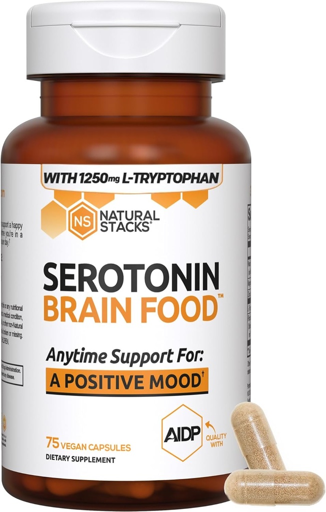 NATURAL STACKS Serotonin Brain Food w/L-Tryptophan & Rhodiola Rosea - Mood Support Supplement - Promotes Positive Mood, Calmness, Stress Relief - Happy Mood & Brain Support Supplement - 75 Capsules 3