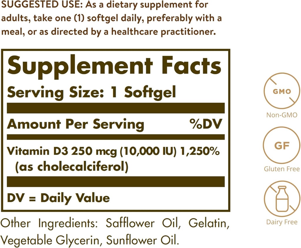 Solgar Vitamin D3 (Cholecalciferol) 250 MCG (10,000 IU), 120 Softgels - Helps Maintain Healthy Bones & Teeth - Immune System Support - Non GMO, Gluten Free, Dairy Free - 120 Servings 3