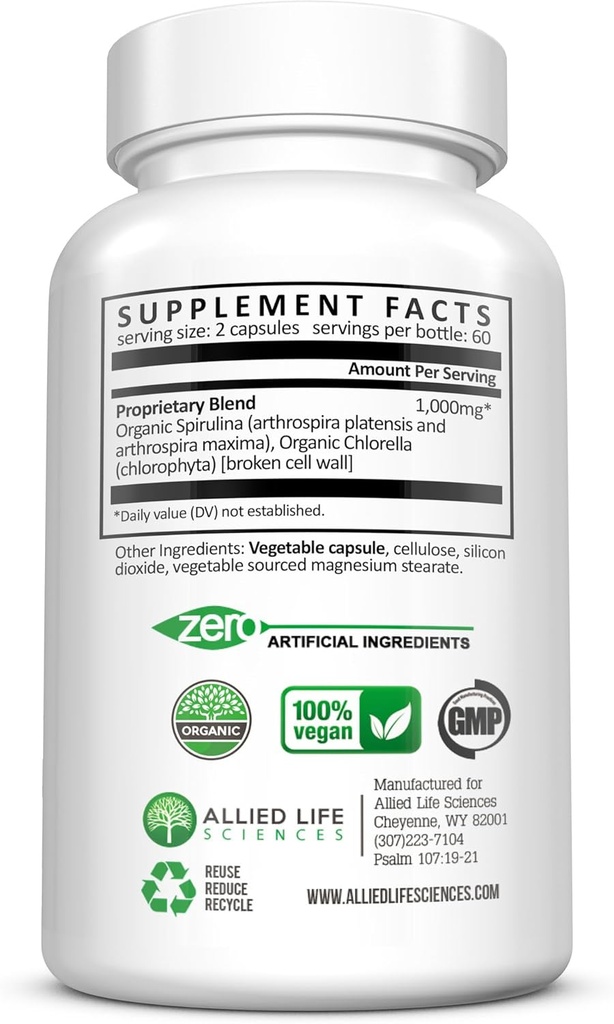 Allied Life Spirulina and Chlorella | Organic Chlorophyll Vegan Protein Powder Green Superfood | 120 Capsules 5