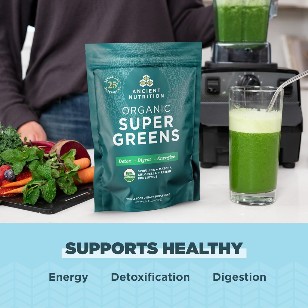 Ancient Nutrition Super Greens Powder, Organic Superfood Powder with Probiotics Made with Spirulina, Chlorella, Matcha, and Digestive Enzymes, 50 Servings, 14.1 oz 6