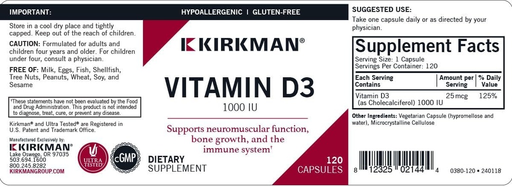 Kirkman - Vitamin D3 1000 IU - 120 Capsules - Supports Immune Health - Helps Build Strong Bones - Hypoallergenic 4