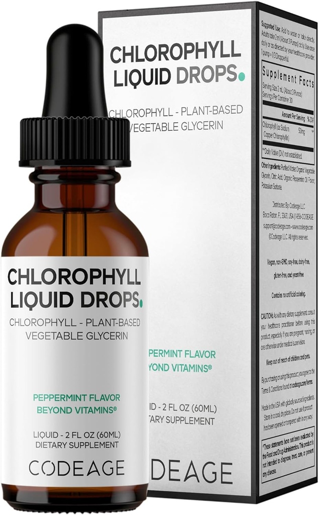 Codeage Chlorophyll Liquid Drops Supplement - Vegan Chlorophyll 50 mg per Serving, Organic Peppermint Flavor Clorofila Drink - Non-GMO, Gluten-Free, Vegan - 2 fl oz 2